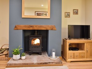 A living room with a wood-burning stove, a television, and a cabinet.