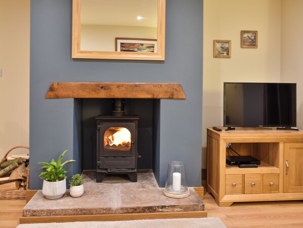 A living room with a wood-burning stove, a television, and a cabinet.
