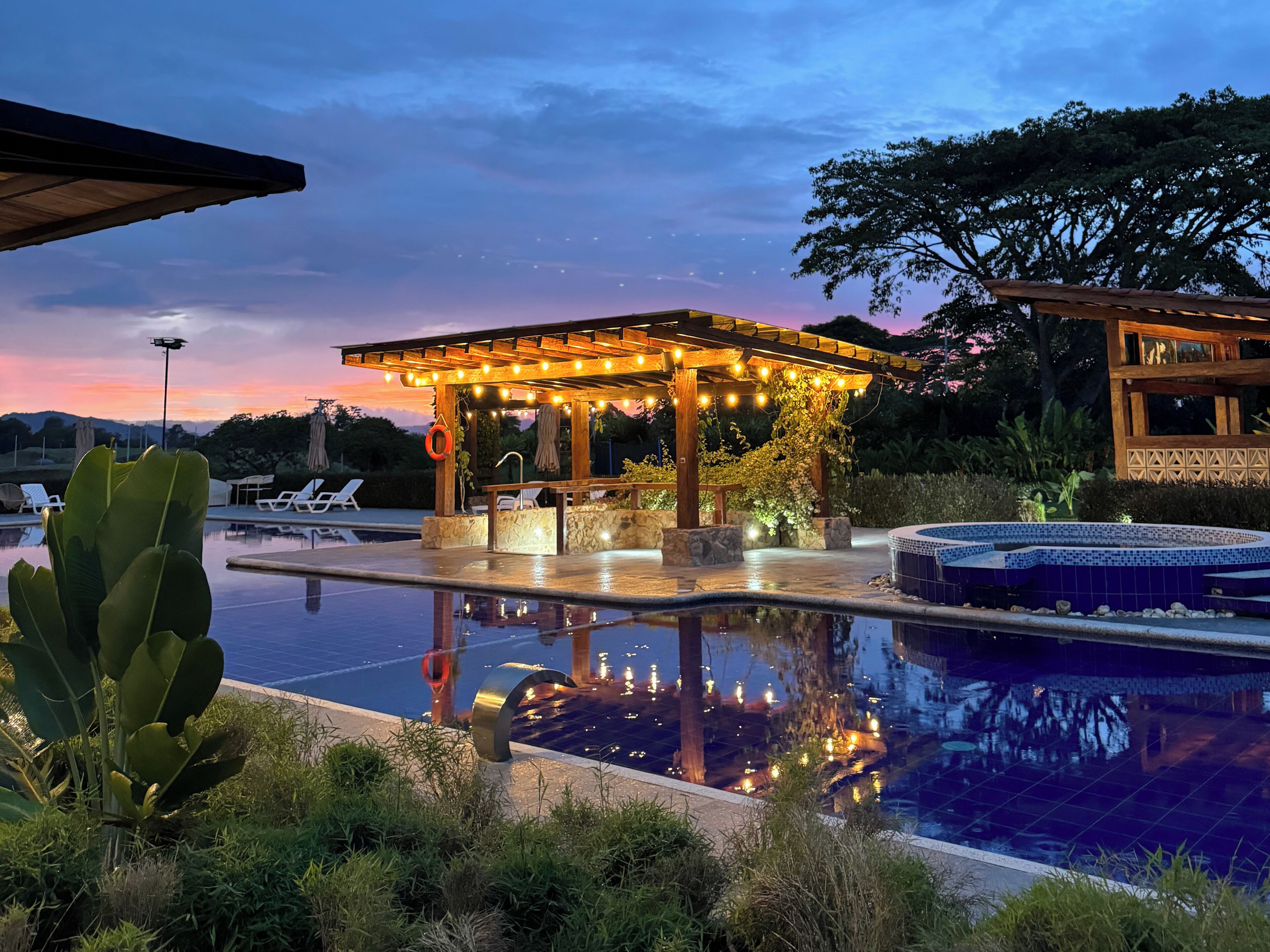 室外游泳池，提供泳池遮陽傘和日光浴躺椅