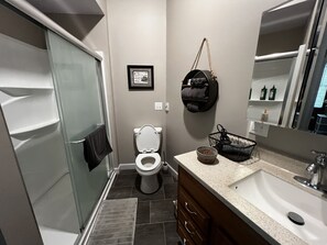 Shower, hair dryer, towels, soap