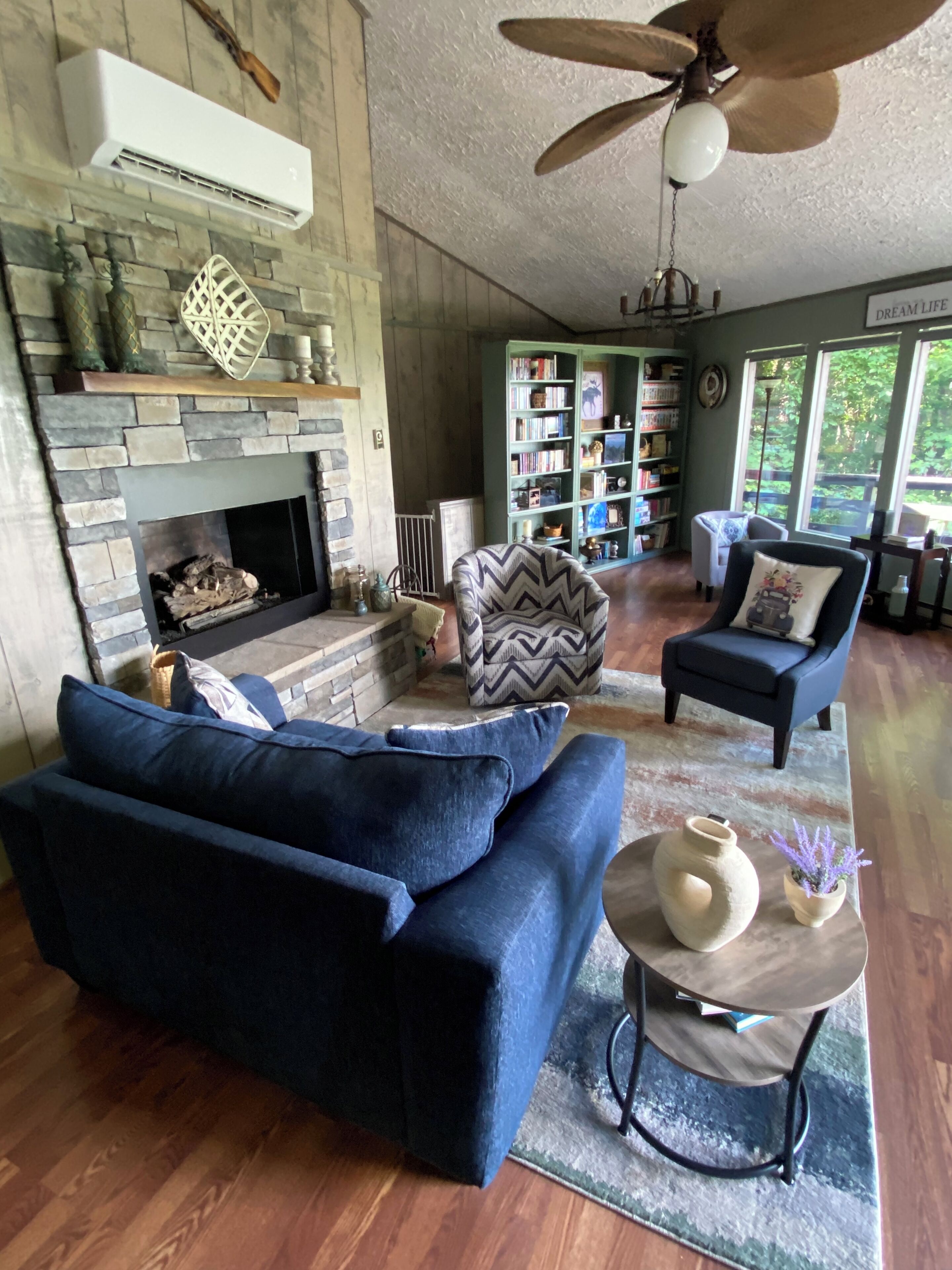 TV connectée, cheminée, jeux vidéo, livres