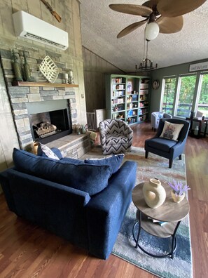 Smart TV, chimenea, videojuegos y libros