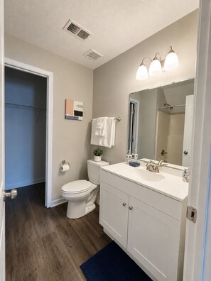 Une salle de bain équipée de toilettes, d’un lavabo, d’un miroir et d’une douche.