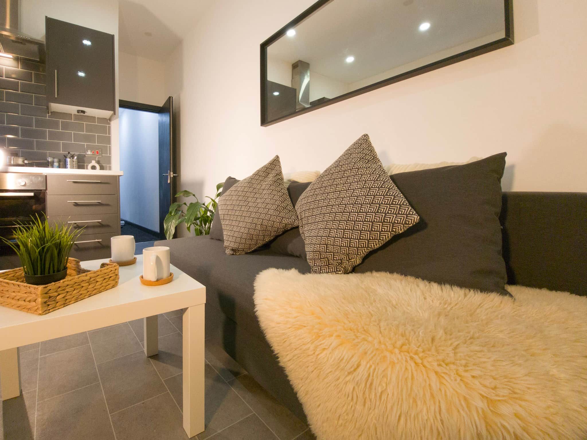 A modern living room with a sofa, two patterned pillows, a fluffy throw, a coffee table with a plant and mugs, and a kitchen area with a tiled backsplash and a stove.