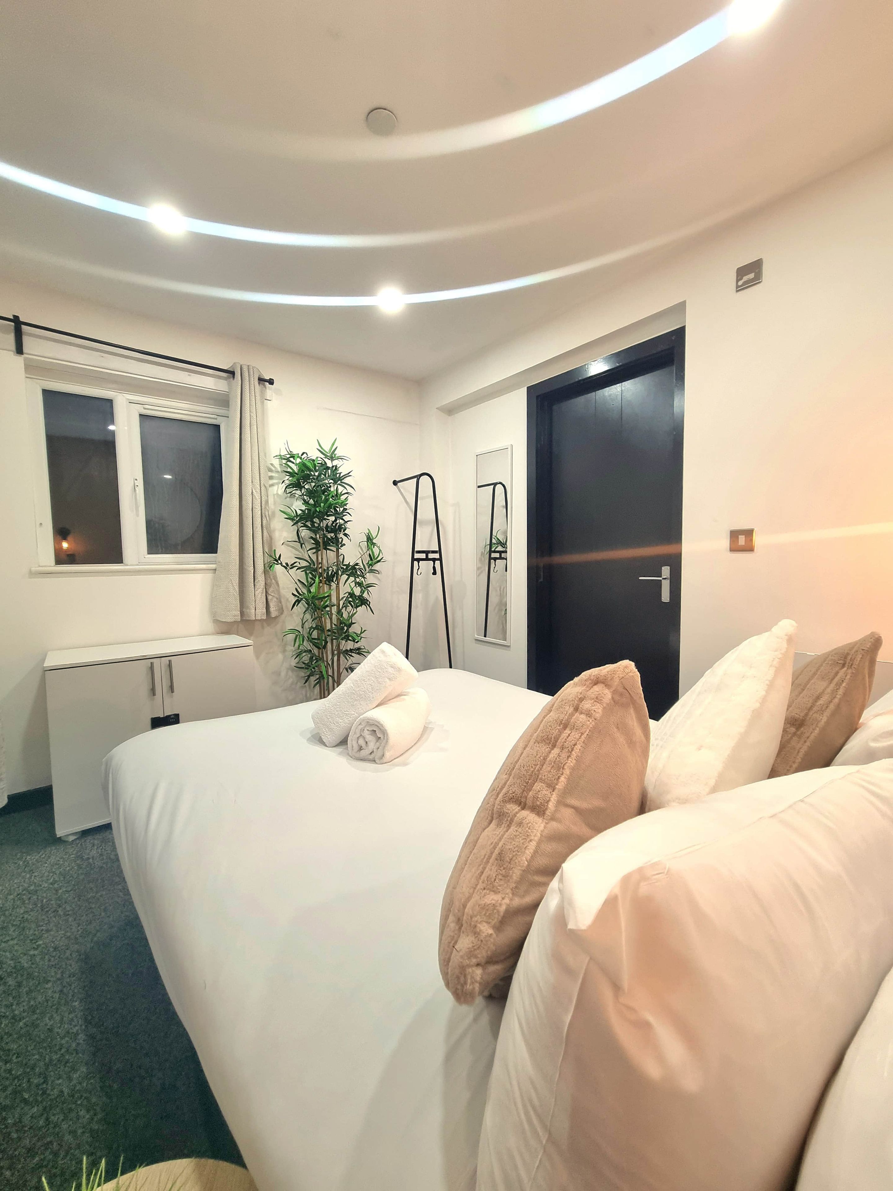 Une chambre d’hôtel avec un lit, un bureau, une fenêtre, une porte et une plante.