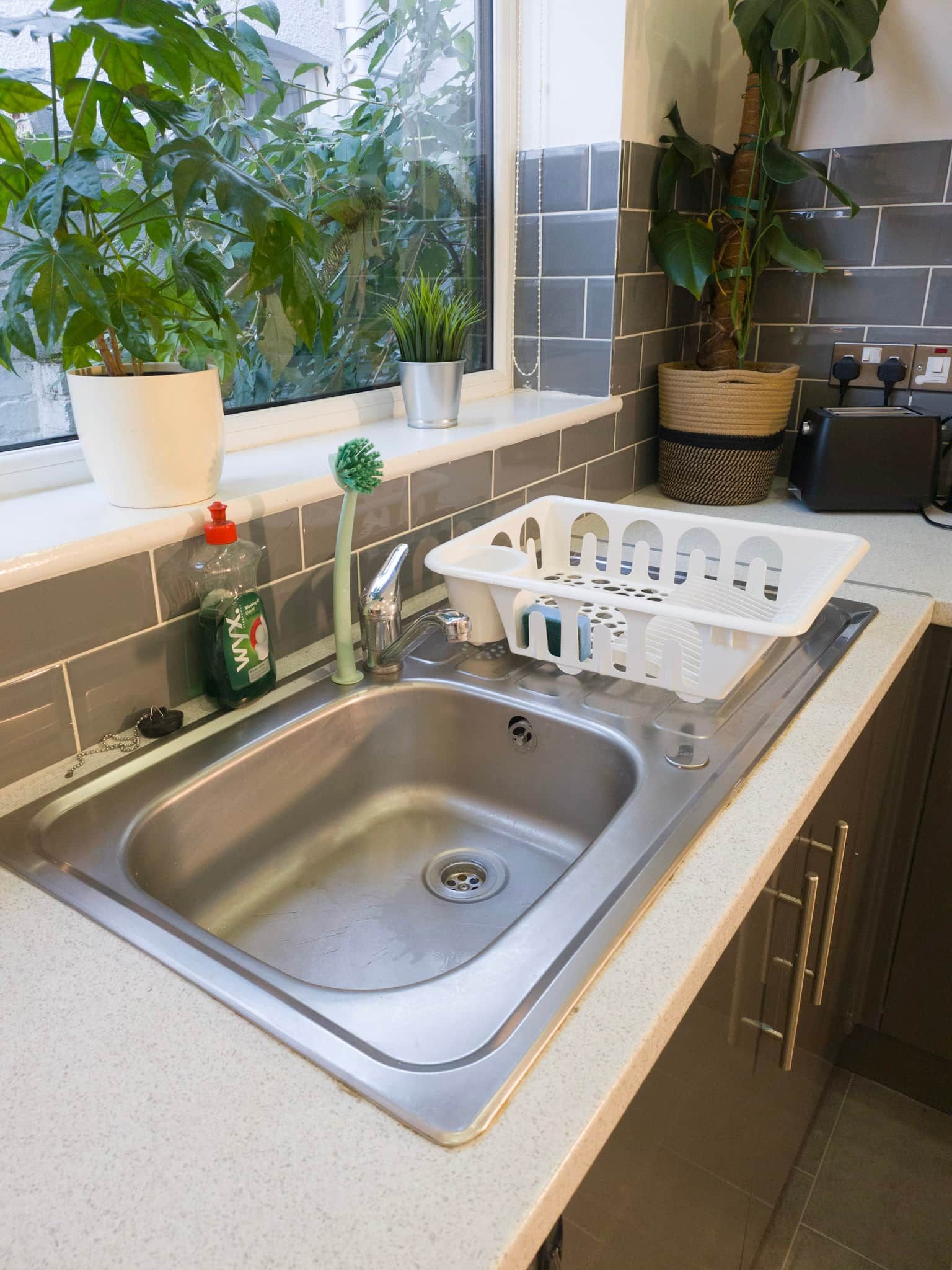 A kitchen with a stainless steel sink, a window with plants, and a tiled backsplash.