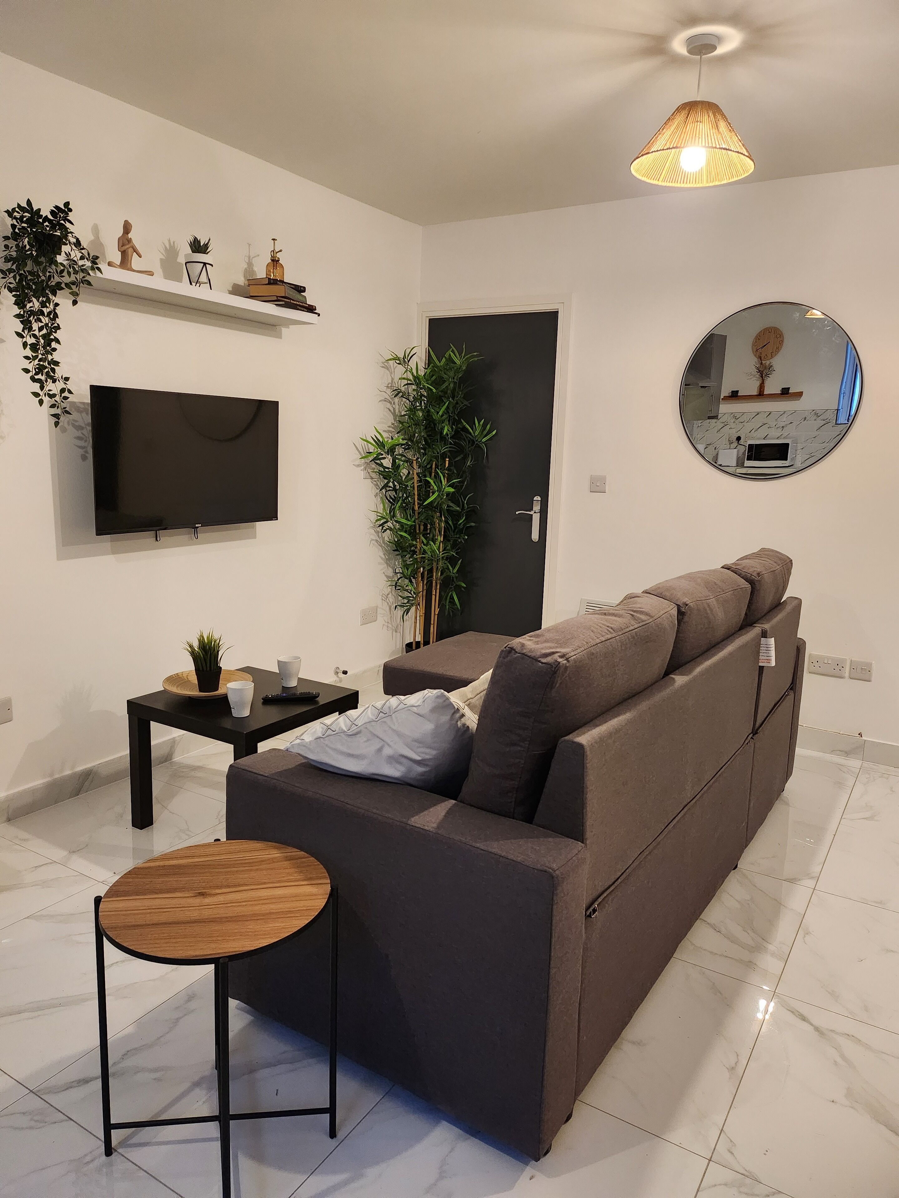 Un salon moderne avec un canapé, un téléviseur, une petite table et une plante en pot.