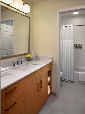 Hair dryer, towels, soap, shampoo