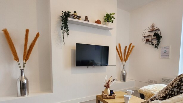 Un salon moderne avec un téléviseur à écran plat, une table basse en bois, un canapé et des plantes décoratives.
