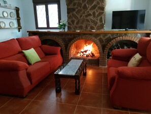 TV connectée, cheminée, lecteur de DVD, table de tennis de table