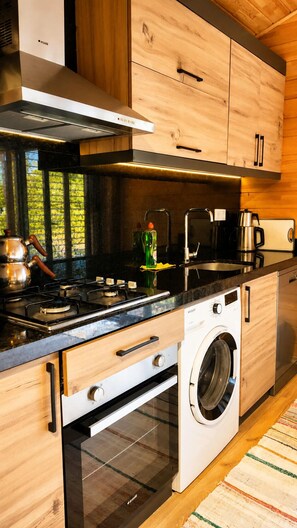 Een koelkast/vriezer, een magnetron, een oven, een vaatwasser