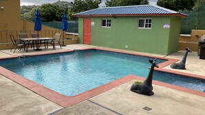 En swimmingpool med to girafstatuer, en overdækket terrasse med stole og parasoller, og en lille bygning med en røddør.