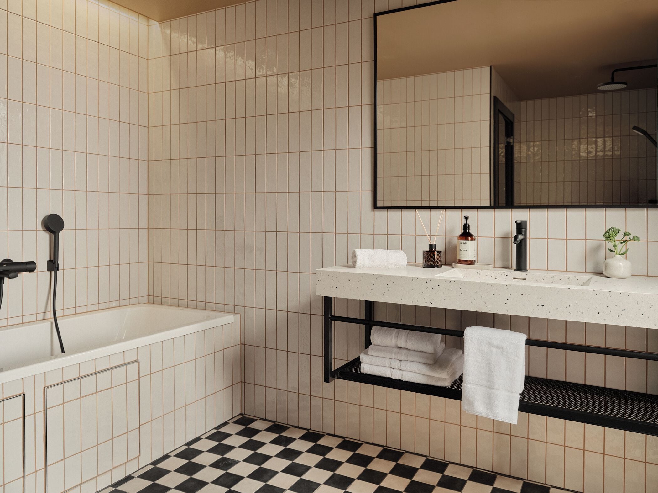 Un baño moderno con una bañera, un lavabo con espejo, un estante con toallas y un suelo a cuadros.