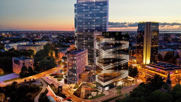 A modern high-rise building with a grid-like facade and a prominent entrance.