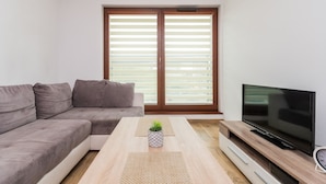 A modern living room with a grey sofa, a wooden coffee table with a plant, a TV on a wooden stand, and a sliding glass door with blinds. - Jaglana Deluxe by Grand Apartments (Gdansk)