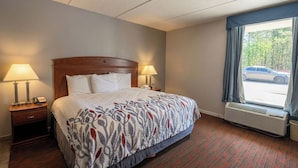 Habitación de hotel con una cama grande, dos lámparas de noche, un cabecero de madera, una ventana con cortinas y un equipo de aire acondicionado.