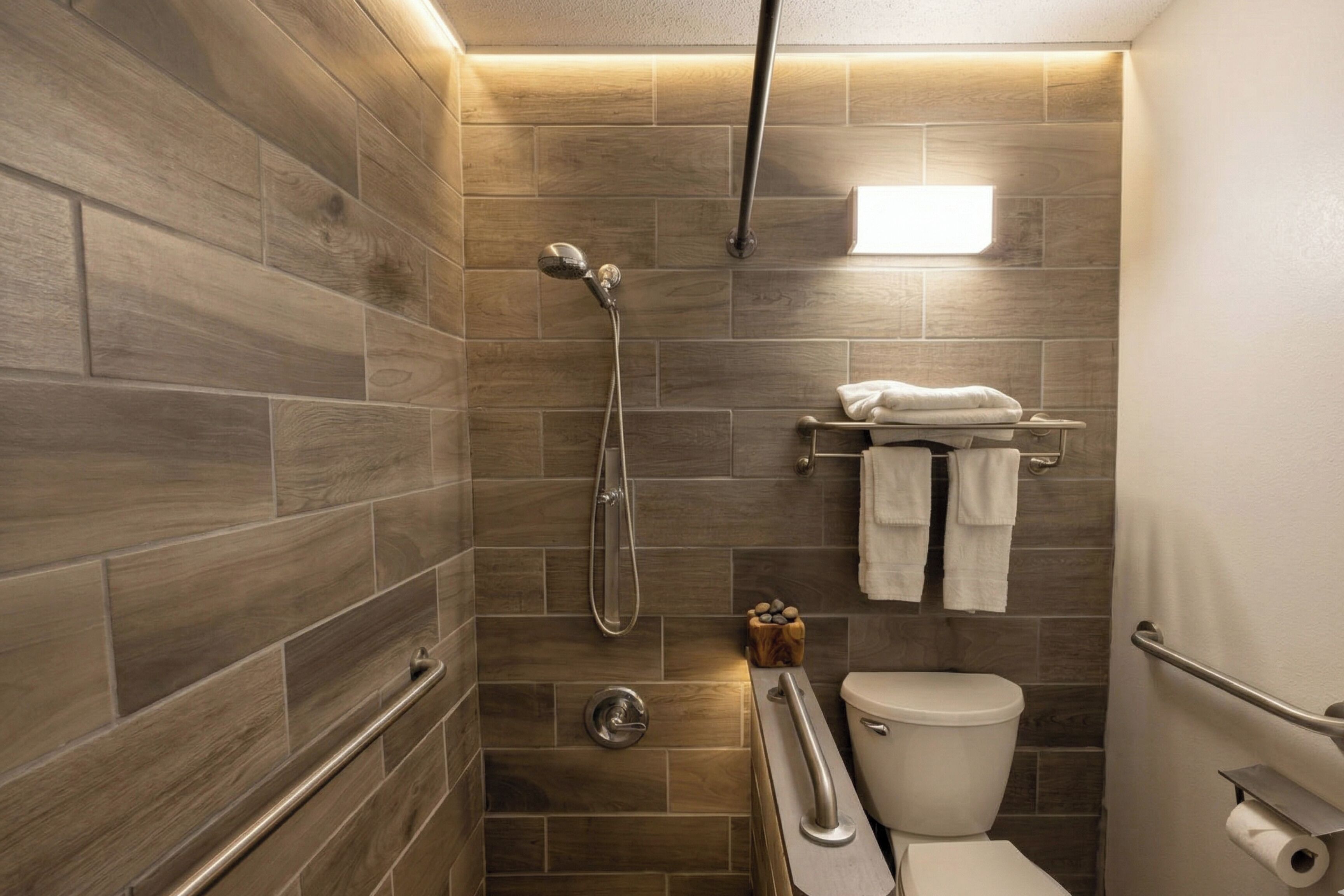 Habitación, 1 cama King size, para no fumadores (Accessible) | Baño | Amenidades de baño gratuitas, secadora de cabello, toallas 
