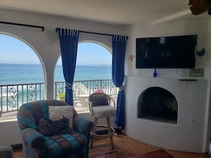 Smart TV, fireplace, books, printers