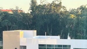 Un edificio moderno con piscina, area salotto esterna e palme.
