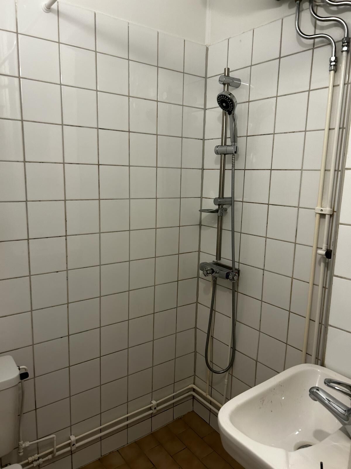Een badkamer met witte betegelde wanden, een douche met handdouche, een witte wastafel met chromefaucet en een toilet.