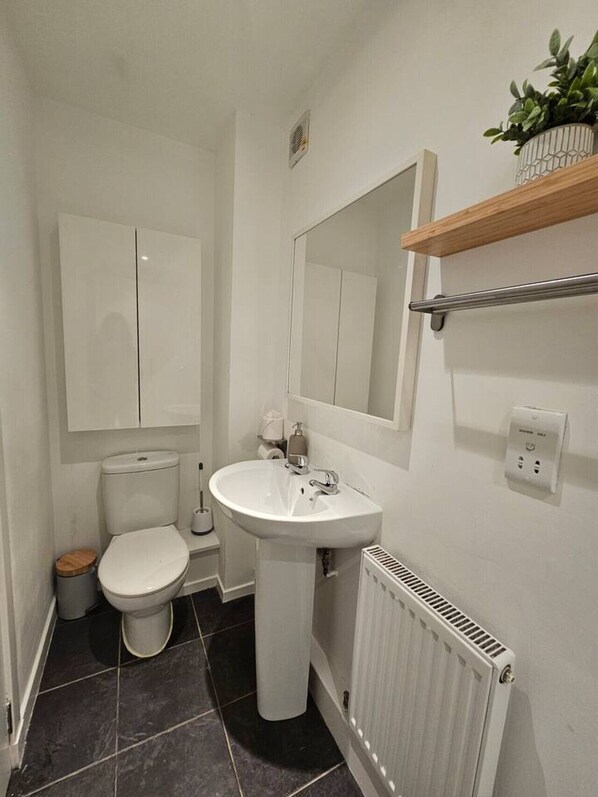 A small, modern bathroom with a toilet, sink, and mirror.