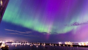 A nighttime view of the Northern Lights over a marina with boats and a dock. - Calming Sea View City Apartment (Edinburgh)