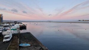 A marina with boats docked, a calm sea, and a clear sky. - Calming Sea View City Apartment (Edinburgh)