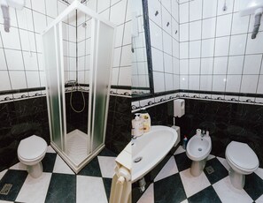 Shower, hair dryer, bidet, towels - Room with Bathroom in Vransko at Moto Museum (Celje)