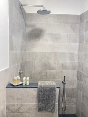 Hair dryer, towels, soap, toilet paper