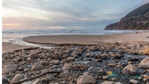 Une plage de galets bordée par une mer calme, avec un paysage vallonné en arrière-plan.