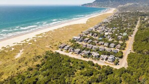 Vista aerea di una zona residenziale costiera con case lungo la spiaggia e una collina boscosa sullo sfondo.