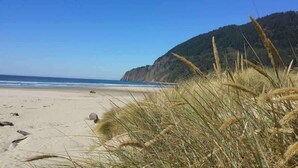Une plage avec du sable, de l’herbe et une falaise en arrière-plan.