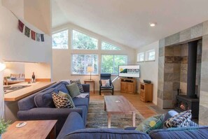 Smart TV, fireplace, DVD player, books