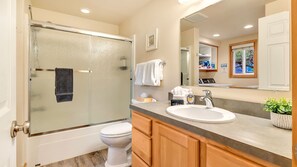 Hair dryer, towels, soap, shampoo