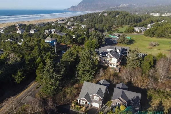 Zona residencial con casas rodeadas de árboles frondosos, una carretera y una playa al fondo.