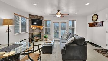 TV, fireplace, books