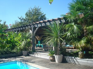 Un espace piscine doté d’une terrasse en bois, de plantes en pot et d’une structure en forme de pergola.