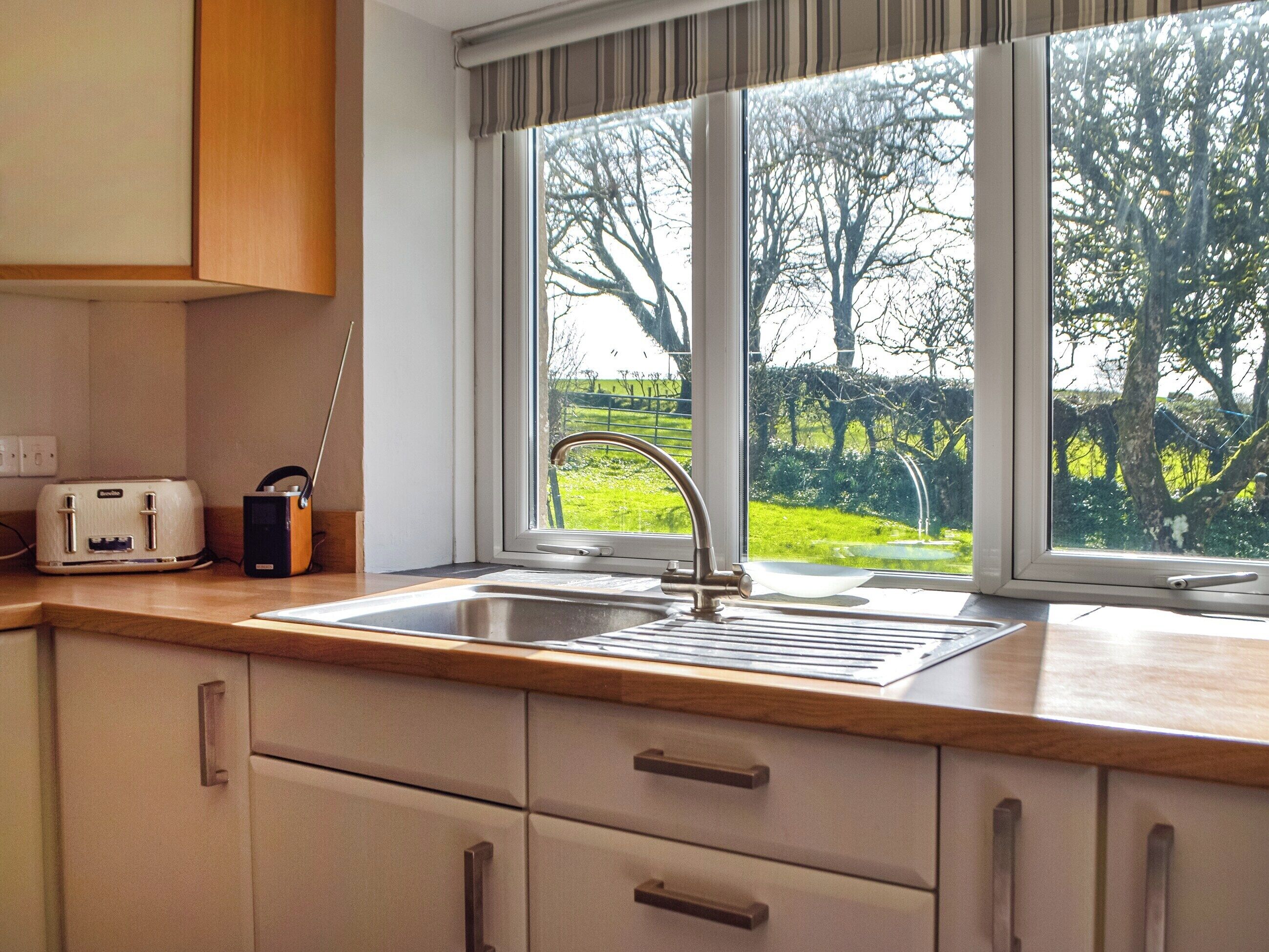 A kitchen with a double sink, a toaster, and a window with a view of trees and grass.