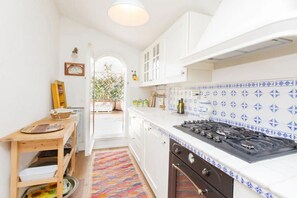 Fridge, stovetop, dishwasher, coffee/tea maker