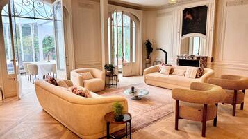 TV connectée, cheminée, livres, chaßne hi-fi