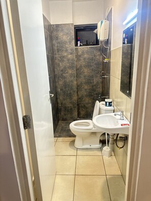 Regadera, bidet, toallas, jabón