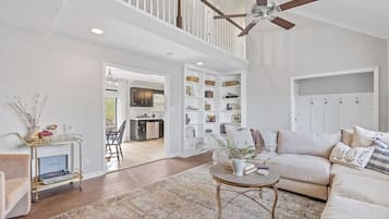 Smart TV, fireplace, books