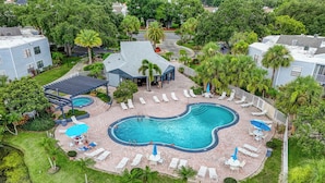 A swimming pool with a unique shape, surrounded by lounge chairs and umbrellas, set in a lush green environment with palm trees. - 3919 Orlando Vacational Apartment (Orlando)