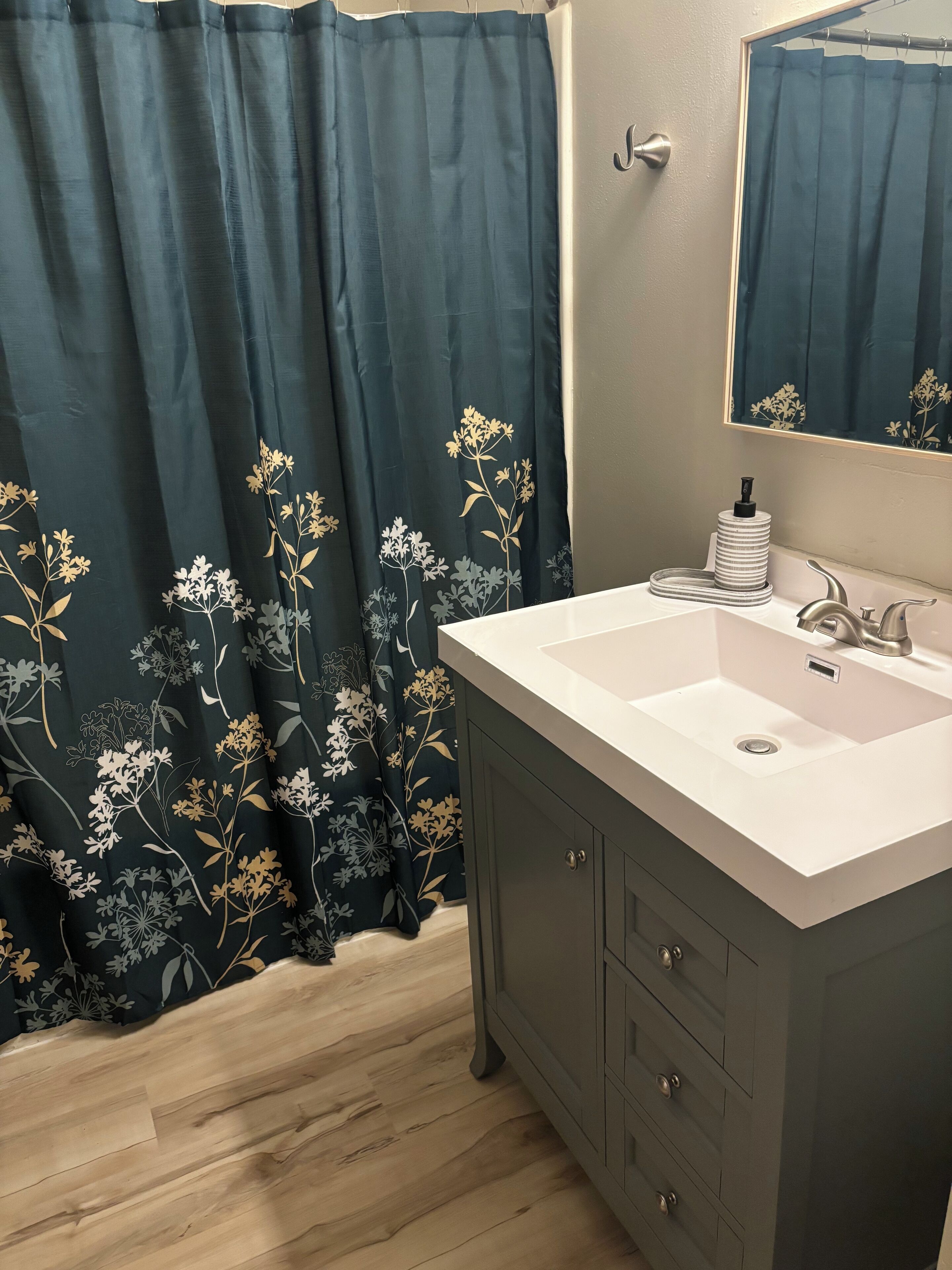 Hair dryer, towels, soap, shampoo