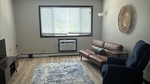 Un salon doté d’une grande fenêtre, d’un canapé en cuir marron, d’un fauteuil bleu, d’un tapis bleu et d’un climatiseur fixé au mur.