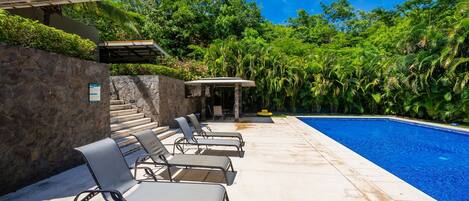 Área de piscina com espreguiçadeiras e um espaço de estar coberto, cercada por vegetação exuberante.