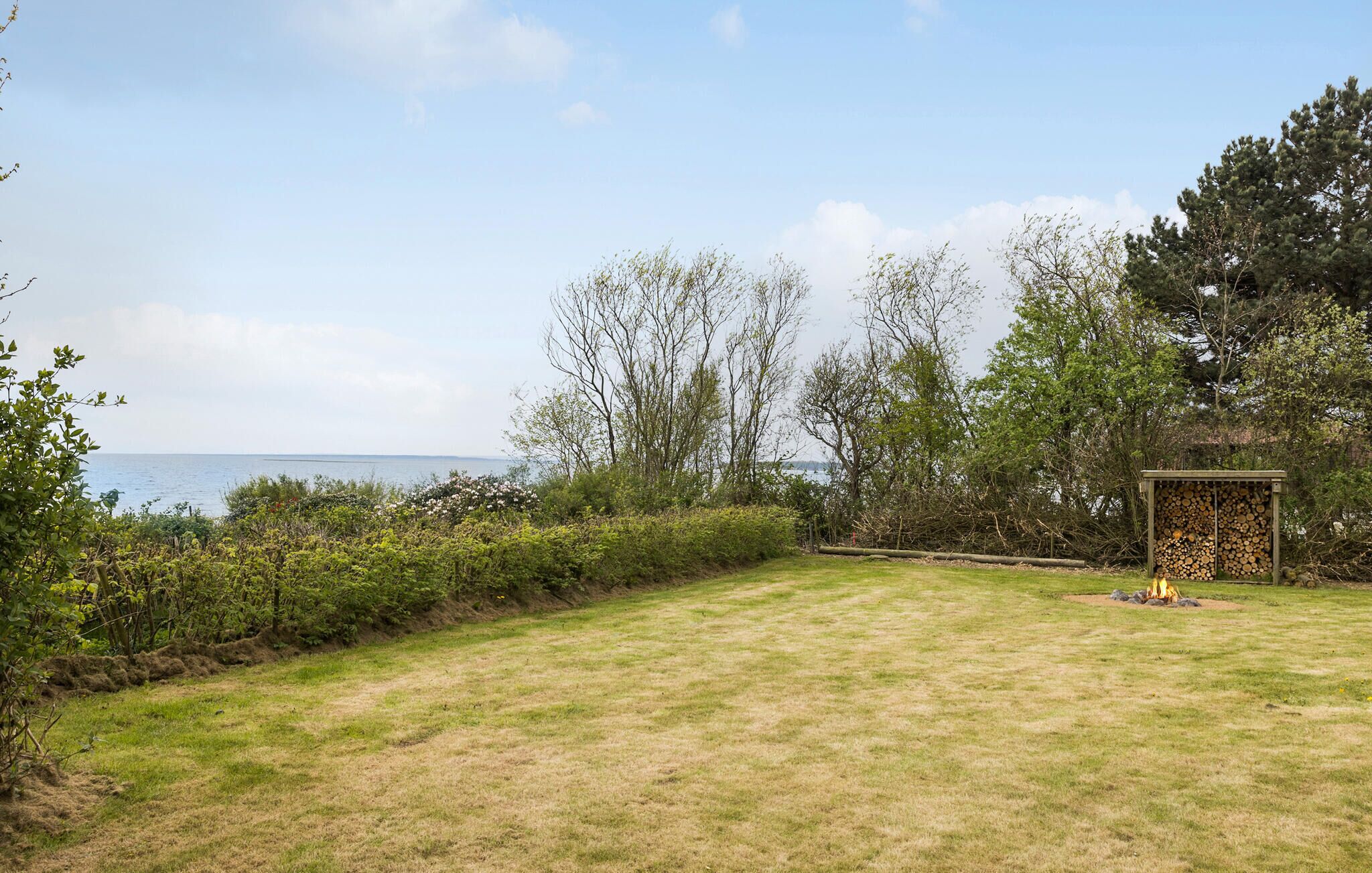 Un espace extérieur verdoyant, avec vue sur la mer, une structure en bois et divers arbres.