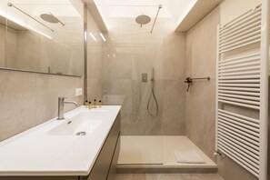 Shower, hair dryer, bidet, towels