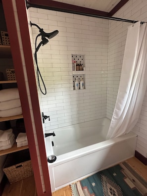 Shower, towels, soap, shampoo