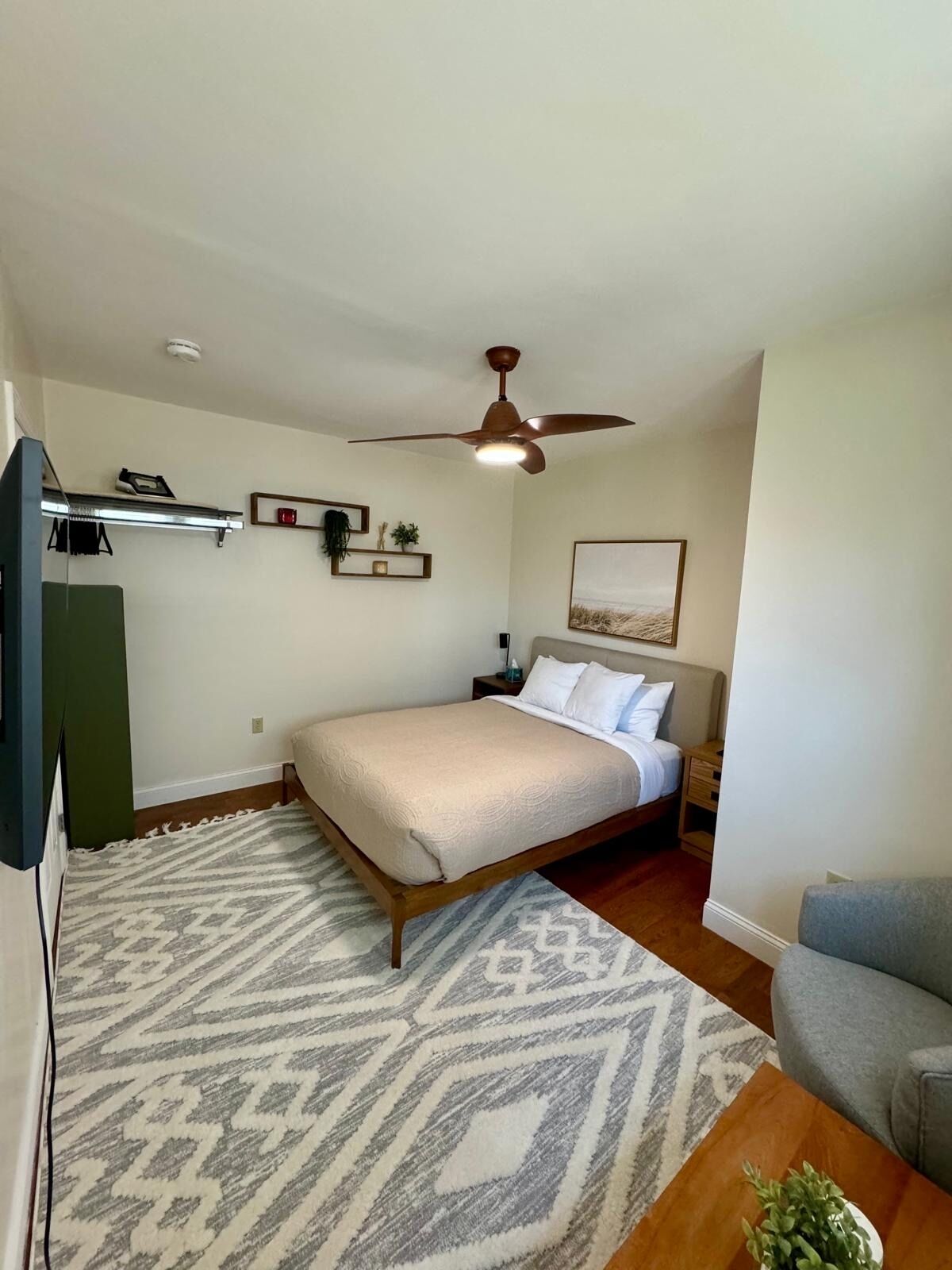 A bedroom with a bed, a ceiling fan, a TV, a desk, a chair, and a plant.